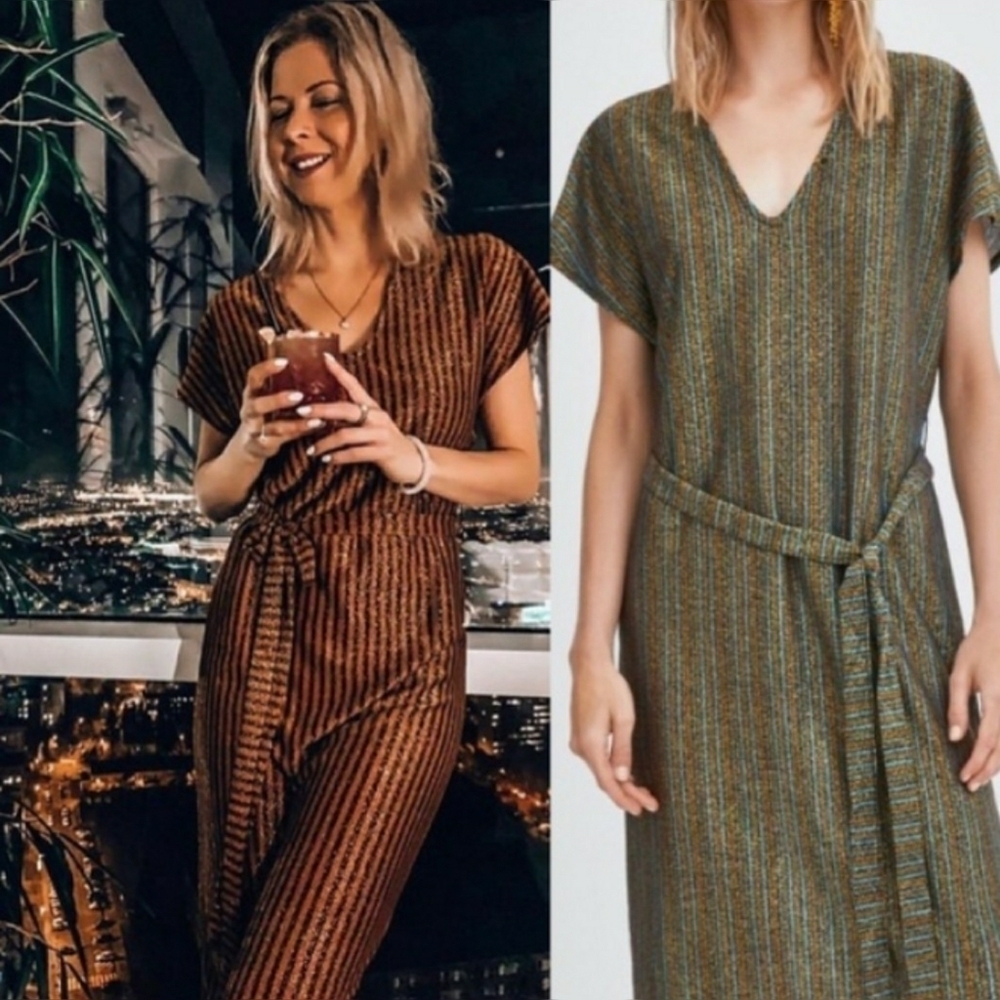 ZARA // metallic striped vneck belted midi knit